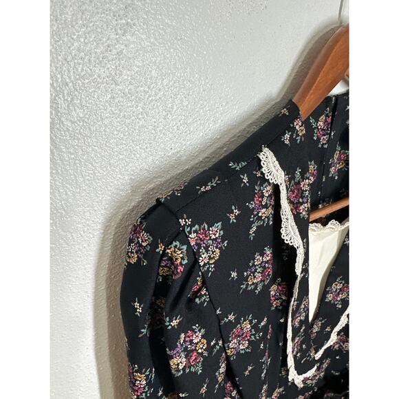 VTG SL Petites 80s Prairie Dress 8 Black Cream Floral Lace Coquette Cottagecore - Picture 4 of 16